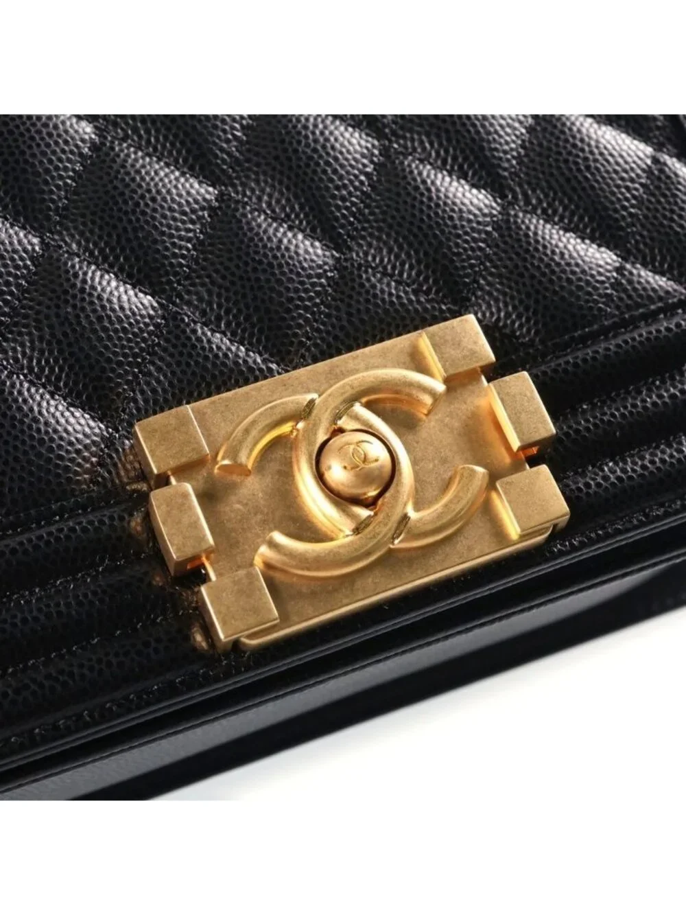 Chanel Boy 20 Quilted Small Caviar Leather Chain Shoulder Bag Gold Black Plate